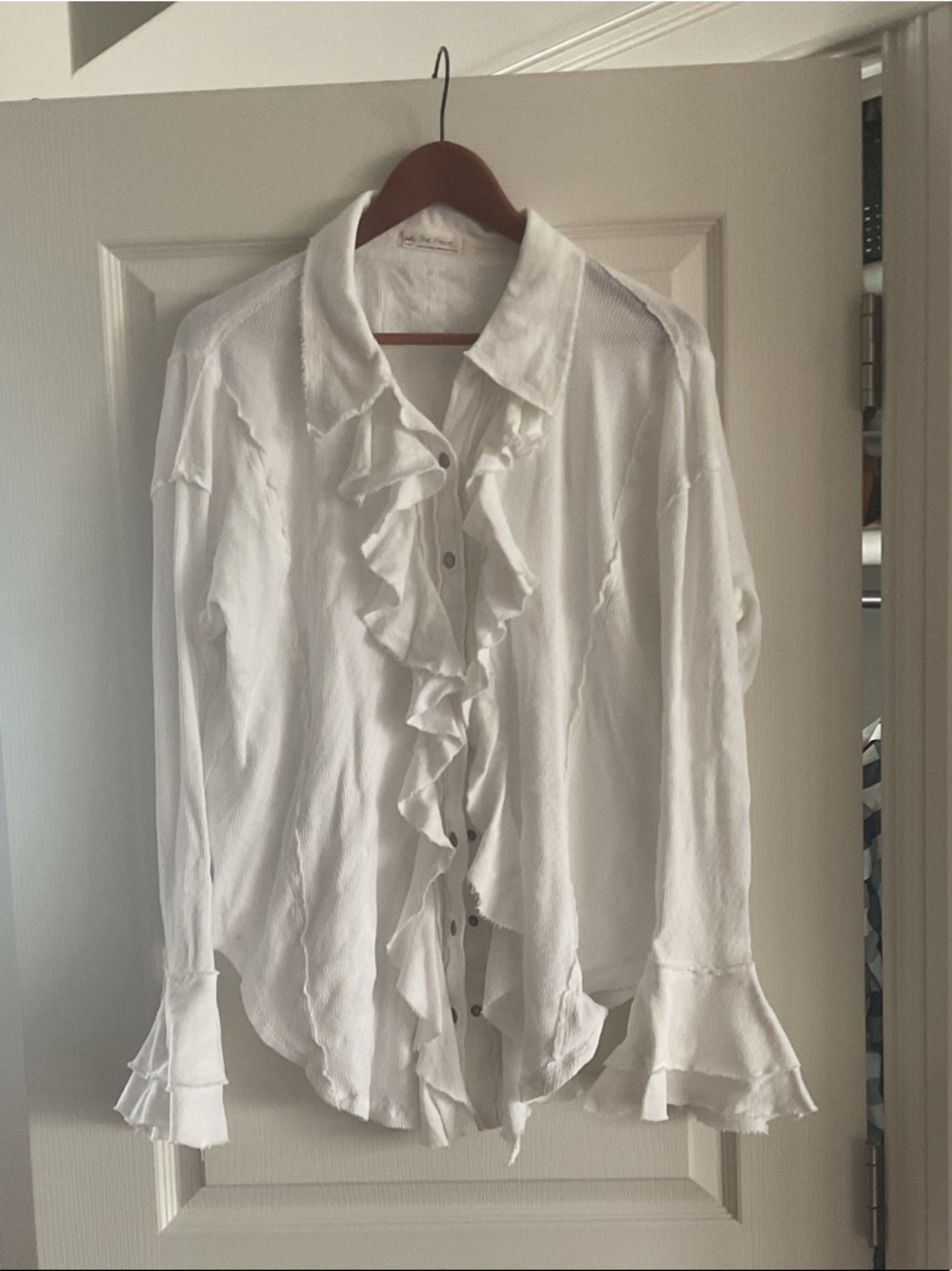 We The Free White Ruffle Front Long Sleeve Blouse